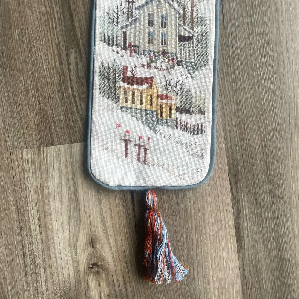 Vintage Needlepoint Hanging Winter Christmas Village Long‎ Wall Decor Tassle